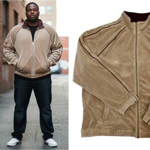 VTG Ashford Sport Velour Track Jacket XXL Beige Brown Trim Y2K 90s Streetwear